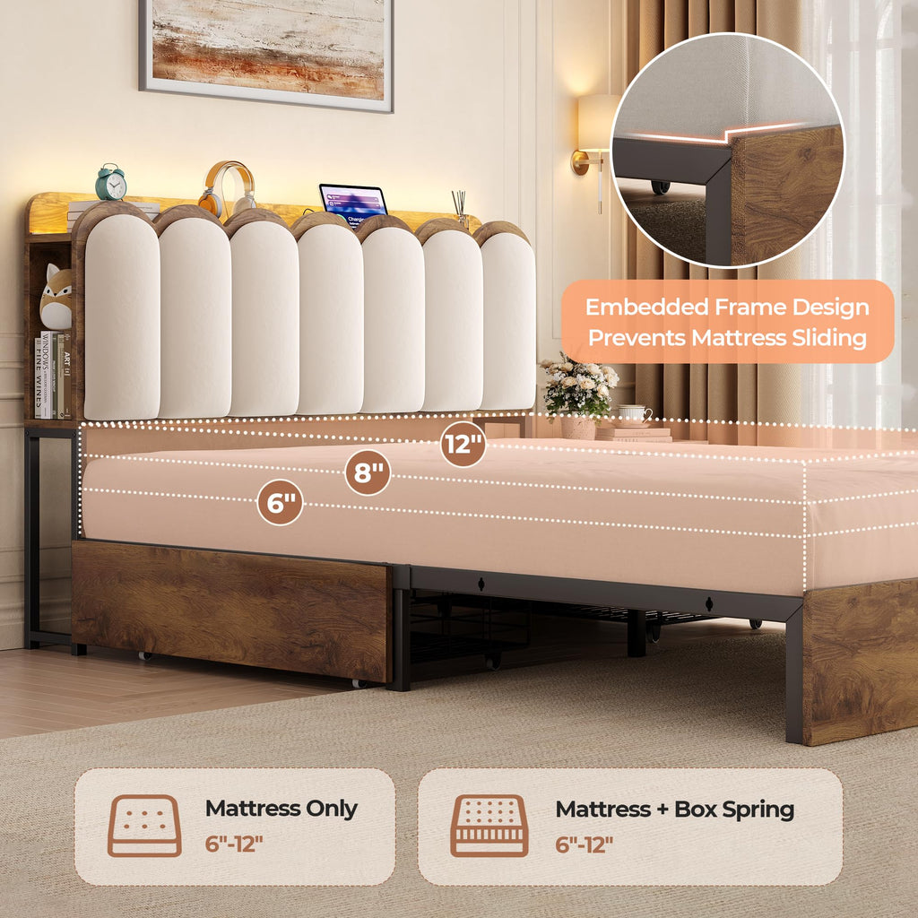 Bed Frame with 2 Storage Drawers, Charging Station & RGB LED Lights, Upholstered Storage Headboard, Cream White