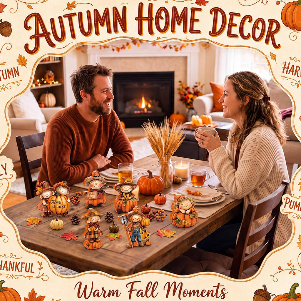 Fall Decor Wooden Scarecrow Pumpkin Figurines Rustic Autumn Harvest Tabletop Decoration for Thanksgiving - Set of 6
