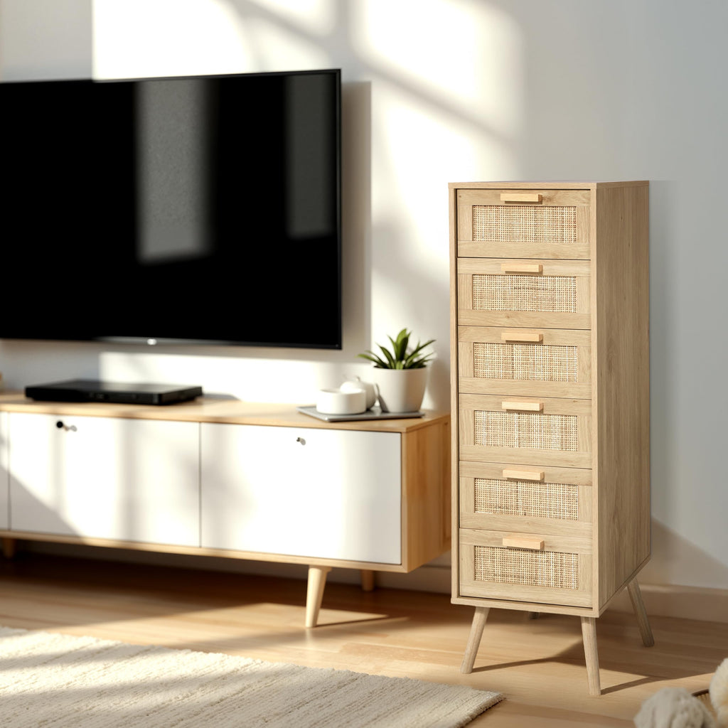 Rattan Dresser, Tall Dresser with 6 Hand Made Rattan Decorated Drawers, Small Chest of Drawers, Closet, Hallway