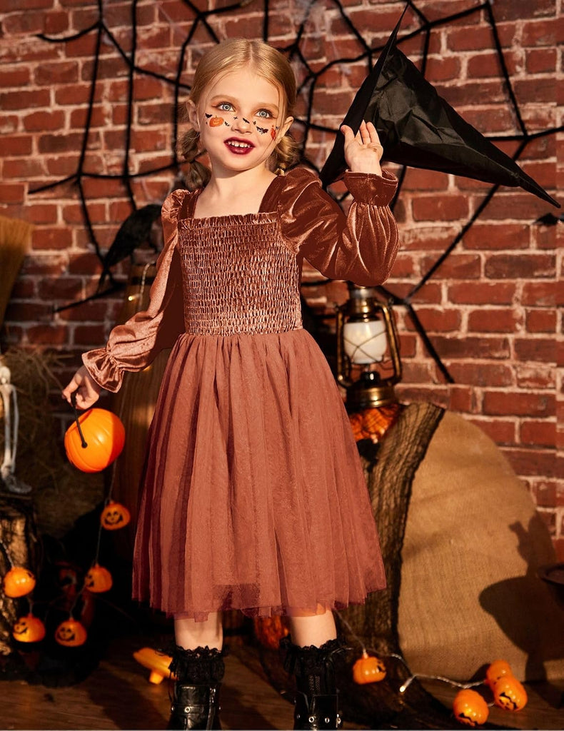 Toddler Velvet Dress Puff Long Sleeve Square Neck Winter Dresses