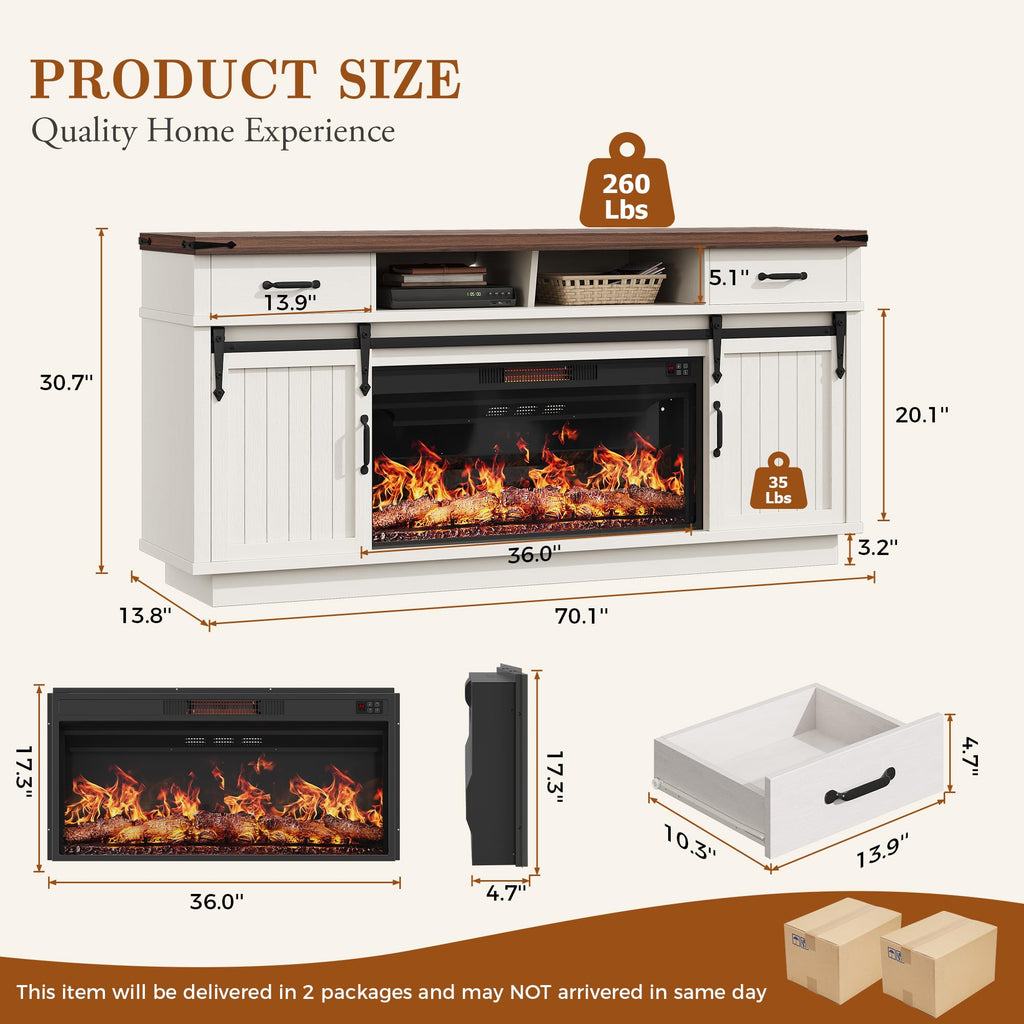 70'' Fireplace TV Stand with 36'' Electric Fireplace, Tall Farmhouse TV Stand for 65/75 Inch TV, Entertainment Center