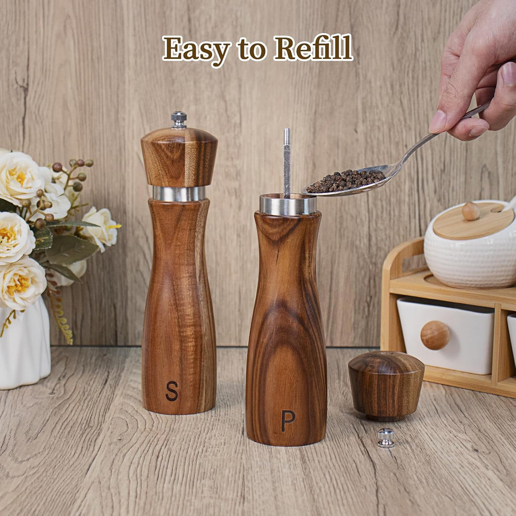 Acacia Wood Salt and Pepper Grinder Set Kitchen Home 8 Inch - Set of 2