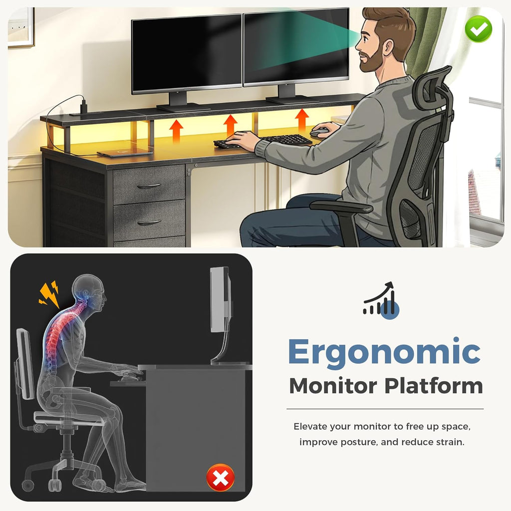 Computer Desk with 4 Drawers, 4 Drawer Gaming Desk with with Power Outlets and LED Lights, Office Desk for Small Spaces