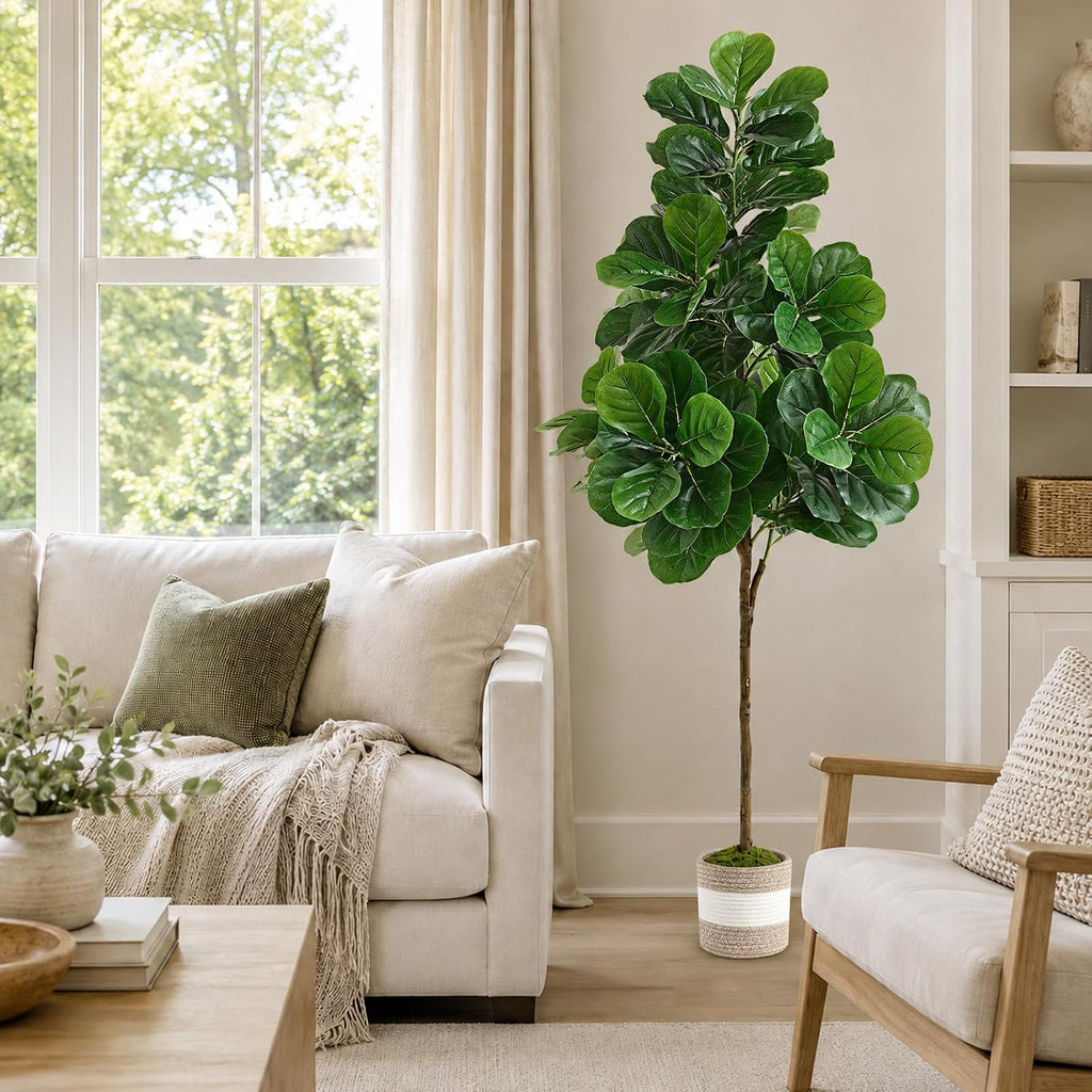 6FT Artificial Fiddle Leaf Fig Tree with Planter & Woven Basket