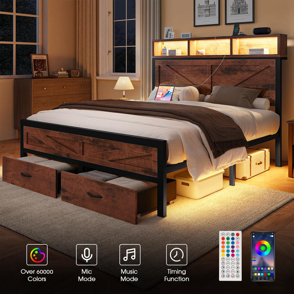 Rustic Bed Frame with Storage Drawers, Farmhouse LED Bed Frame with Barn Door Headboard and Charging