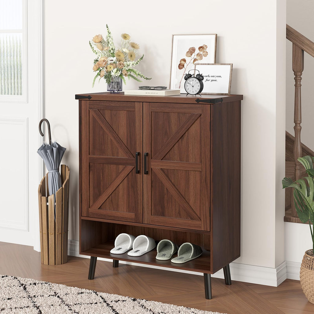 34" Tall Farmhouse Shoe Storage Cabinet with Barn Doors, Walnut