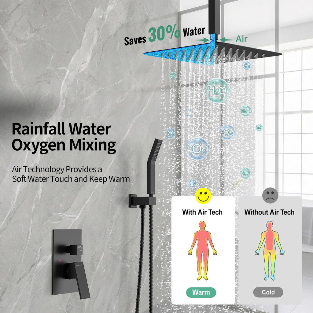 12 Inch Ceiling Mount Rain Shower System,Matte Black