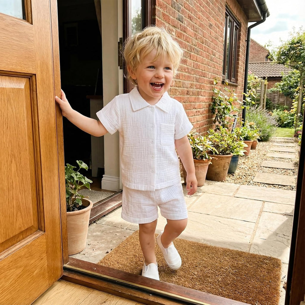 Baby Boy Summer Outfit 2PCS Button Down Shirt Tops + Shorts with Pocket Toddler Infant Triple Cotton Gauze Clothes Set