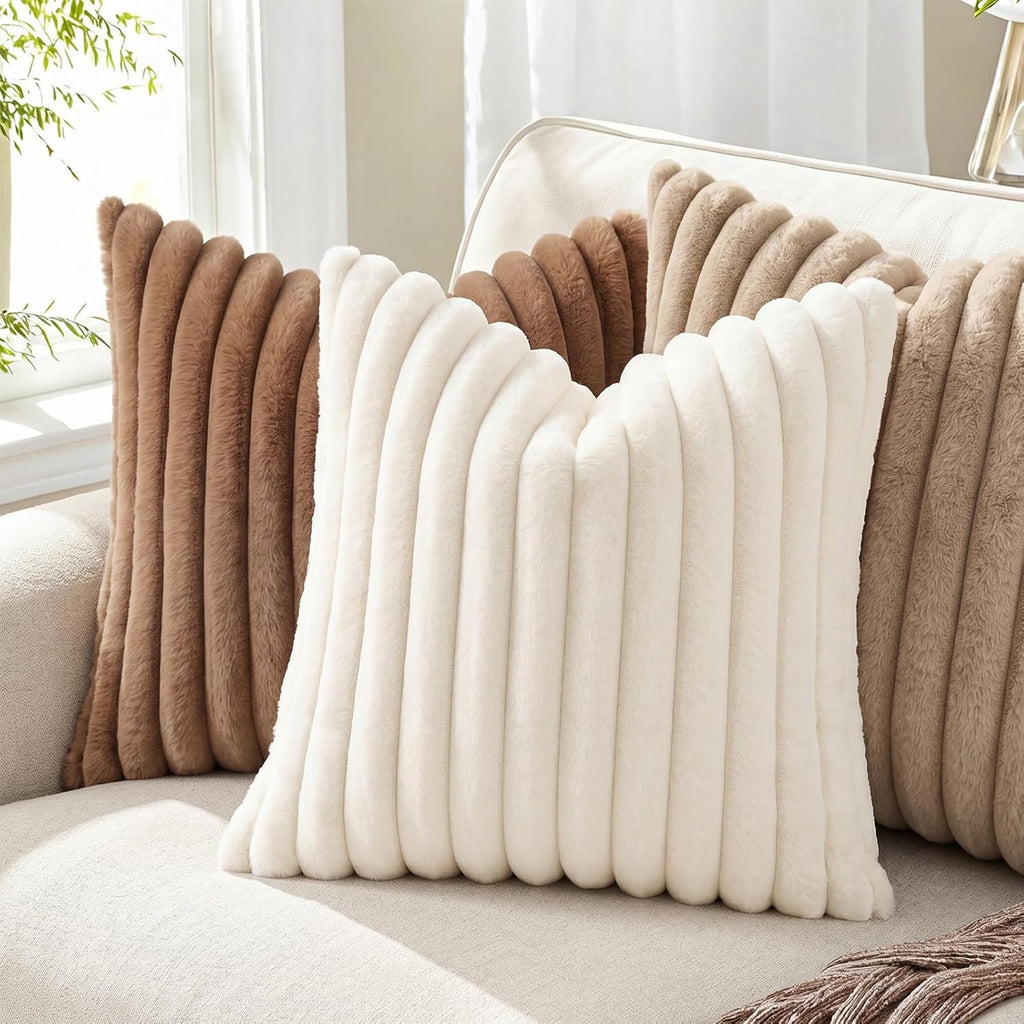 Faux Fur Plush Fall Throw Pillow Covers 18x18 Set of 2, Luxury Soft Fluffy Striped Decorative Pillow Covers, Cream White