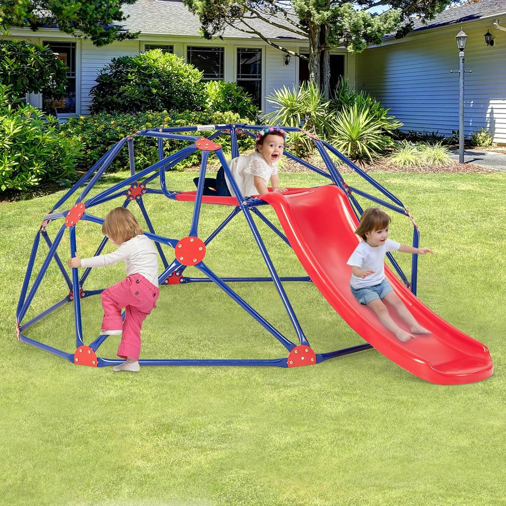 Climbing Dome with Slide, Kids Outdoor Jungle Gym Geometric Dome Climber, Steel Frame, 8FT Climb Structure Backyard
