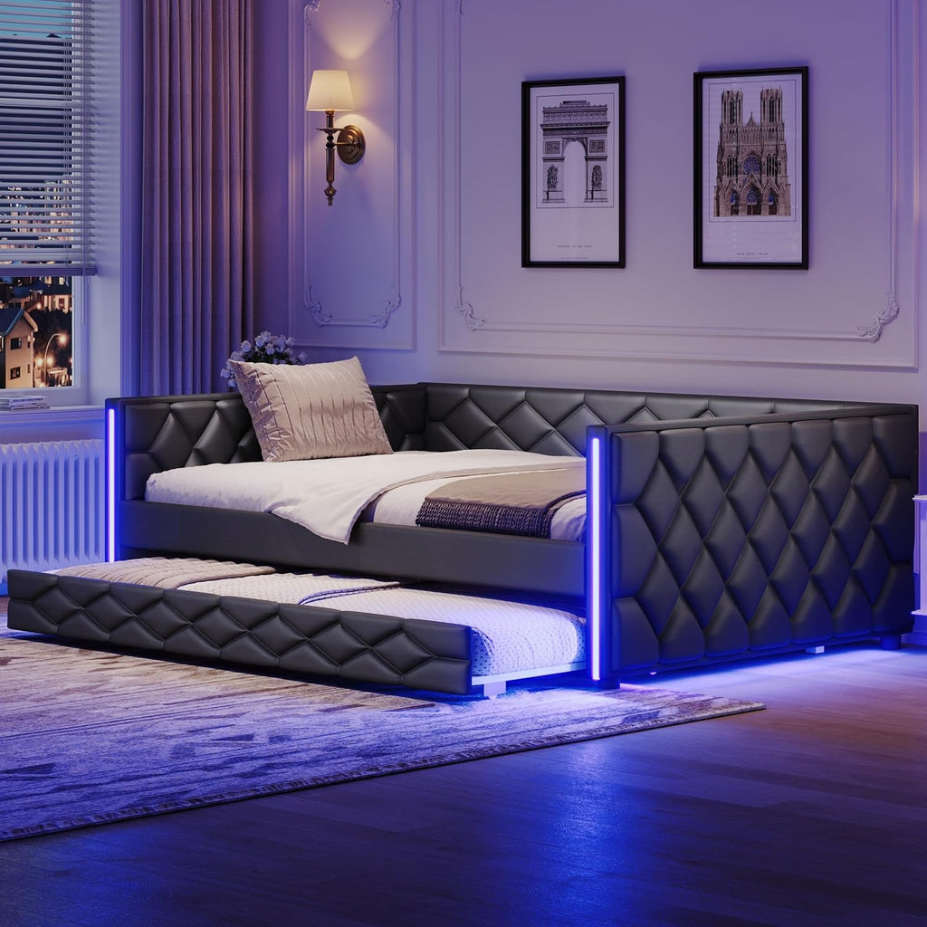 Full XL Size Daybed with Trundle, PU Leather Day Bed Frame | Black PU leather upholstered trundle bed with backrest