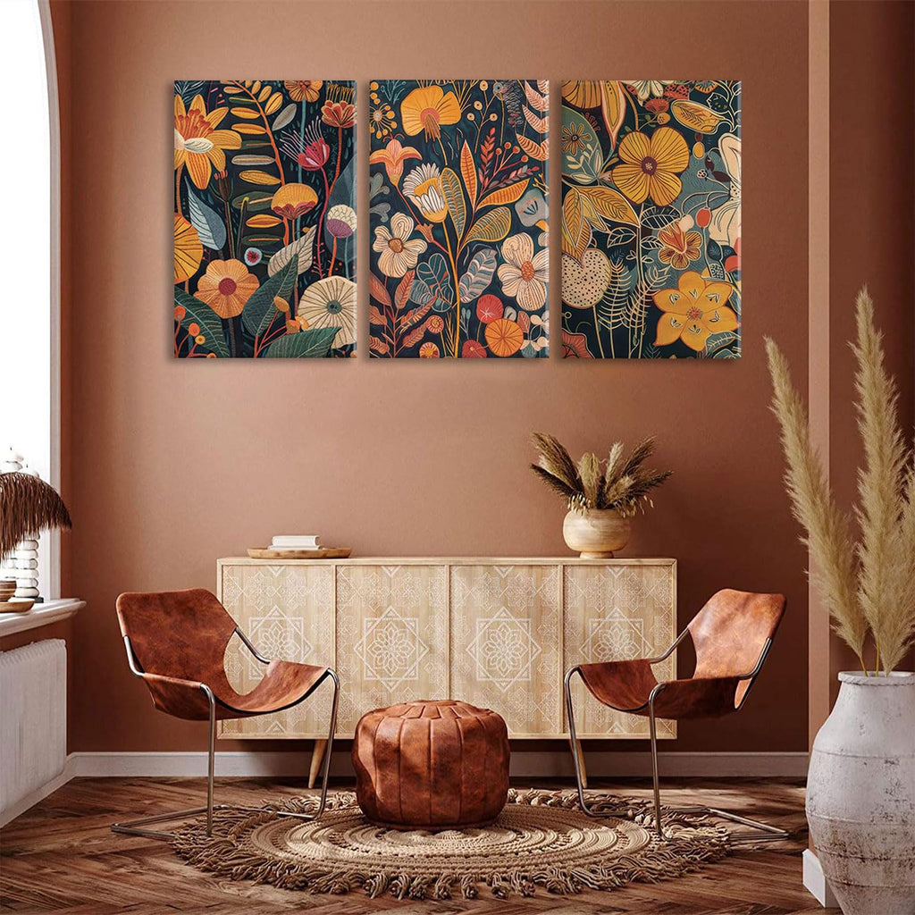 Burnt Orange Floral Canvas Wall Art, Mid Century Modern Wall Decor, Boho Terracotta Flower Picture Prints Poster