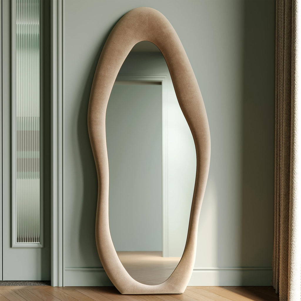 Full Length Mirror, 63" x 24" Wall Mirror, Flannel Wrapped Wooden Frame Floor Mirror, Irregular Wavy Mirror Hanging