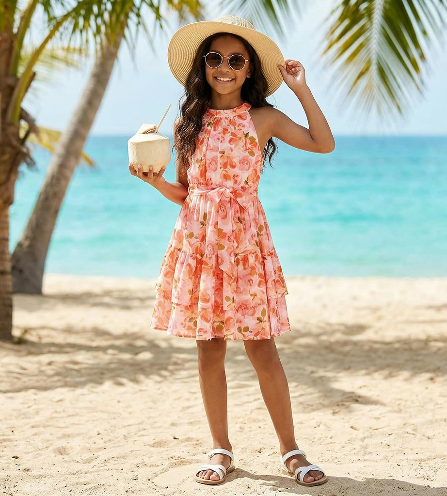 Girls Summer Beach Dress Floral Halter Hawaiian Party Vacation