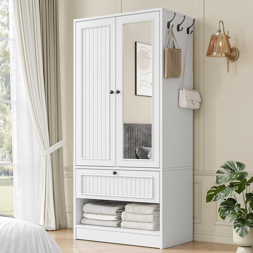 Armoire Wardrobe Cabinet with Mirror and Drawer, 70" 2-Door Wooden Closet Organizer Storage, White