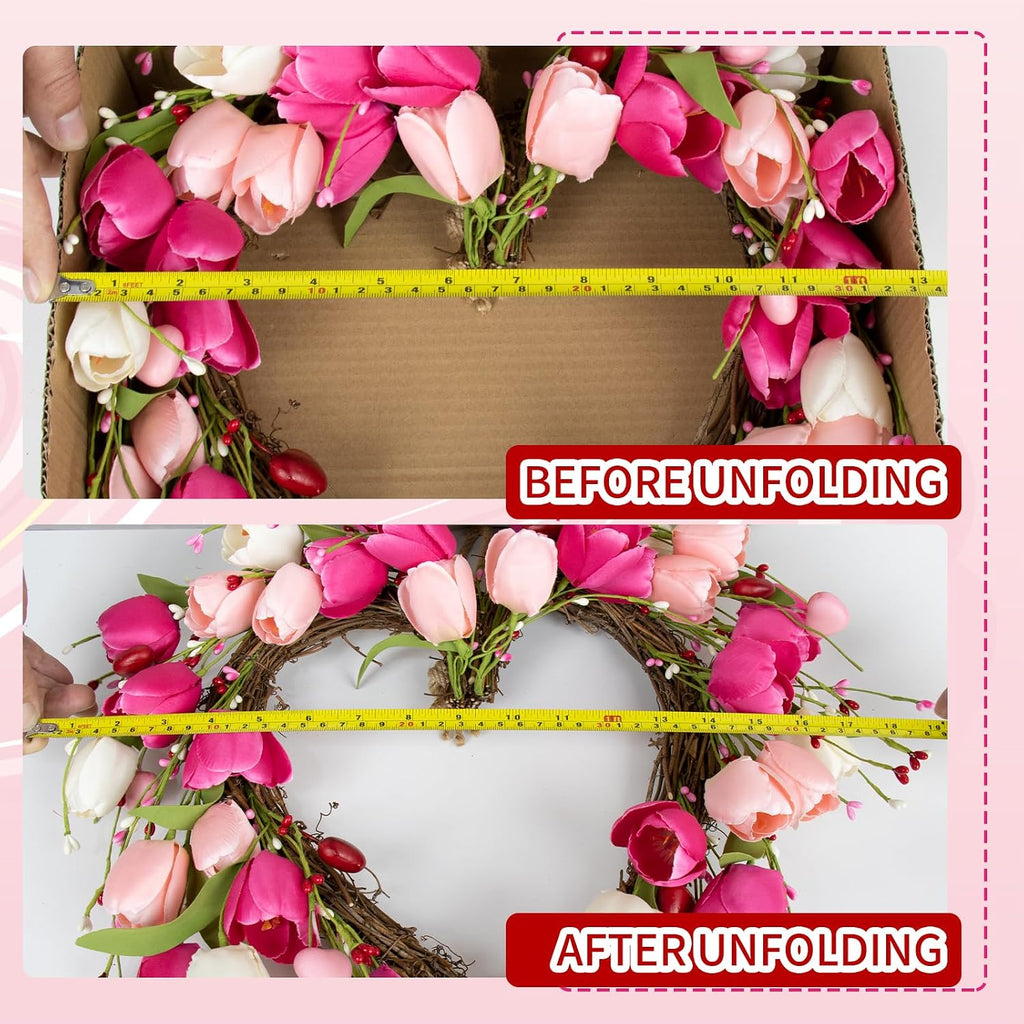 Valentine's Day Wreath 18 Inch Valentines Day Door Wreath with White Pink Red Tulip Berry and Green Leaf Valentines