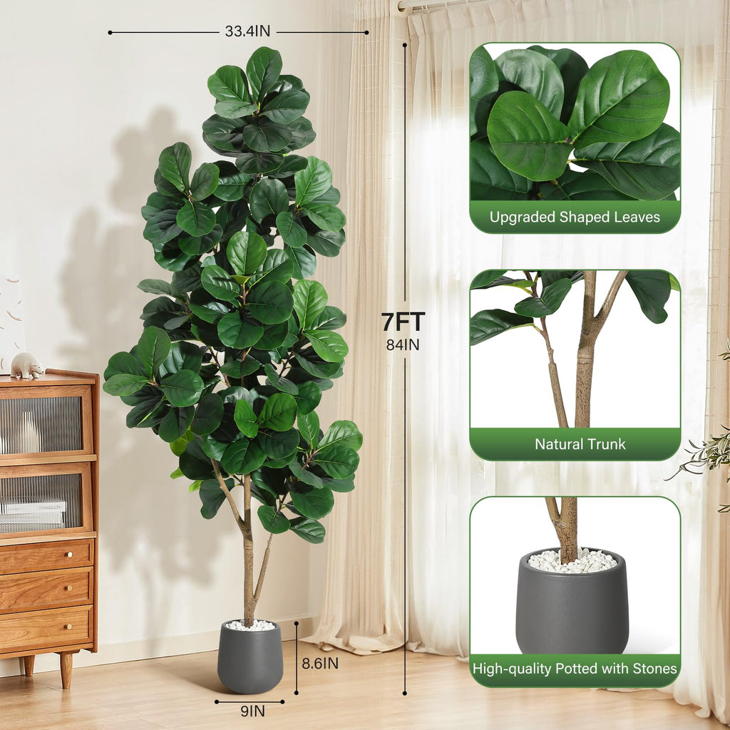 7 ft Fiddle Leaf Fig Tree Artificial with 141 Leaves - Realistic Faux Ficus Lyrata Trees in 9 in Grey Planter Pot