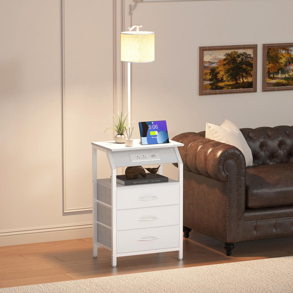 Floor Lamp with Table, Nightstand with Charging Station, Floor Lamp Table with 3-Color Temperature Bulb, Bedside