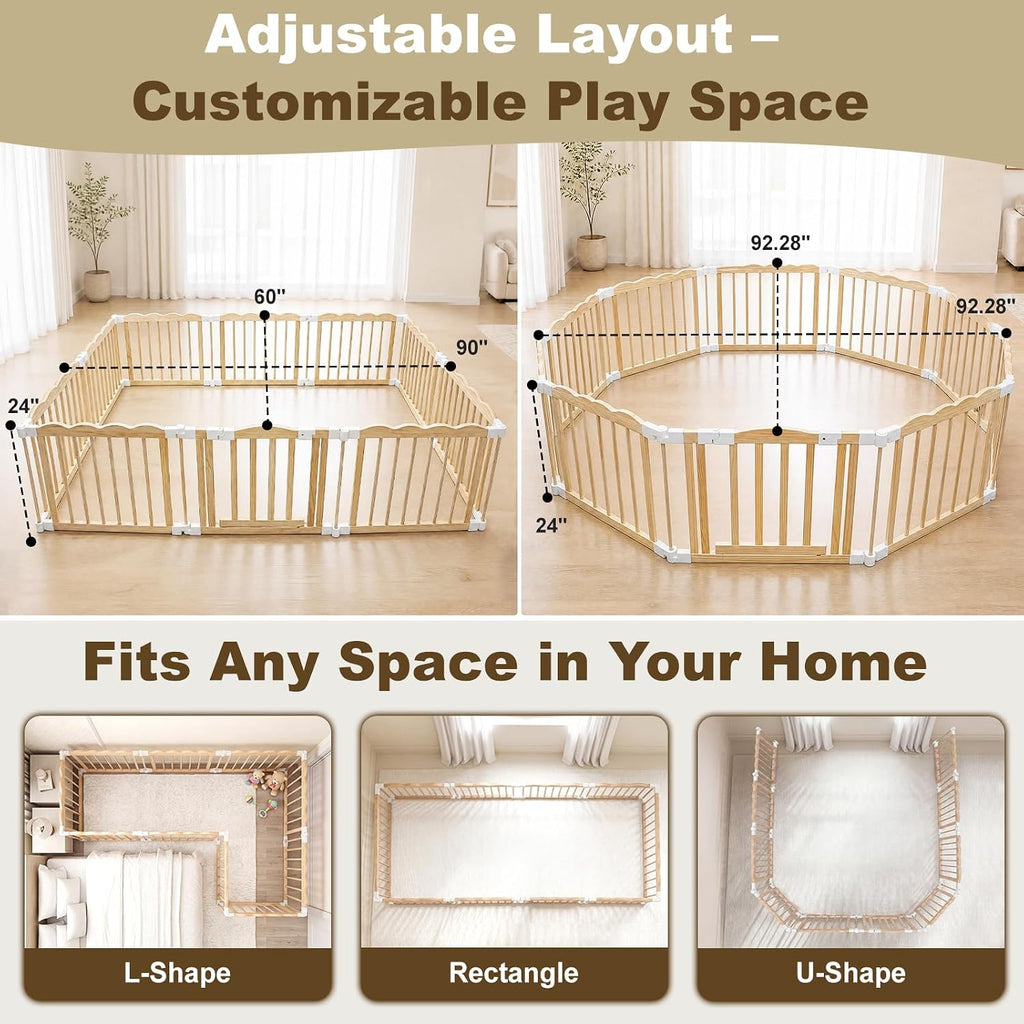 Foldable Wooden Playpen for Babies, Extra Large Play Pen, 90 x 60 x 24 in | Pre-Assembled Wooden Baby Playpen, Ready