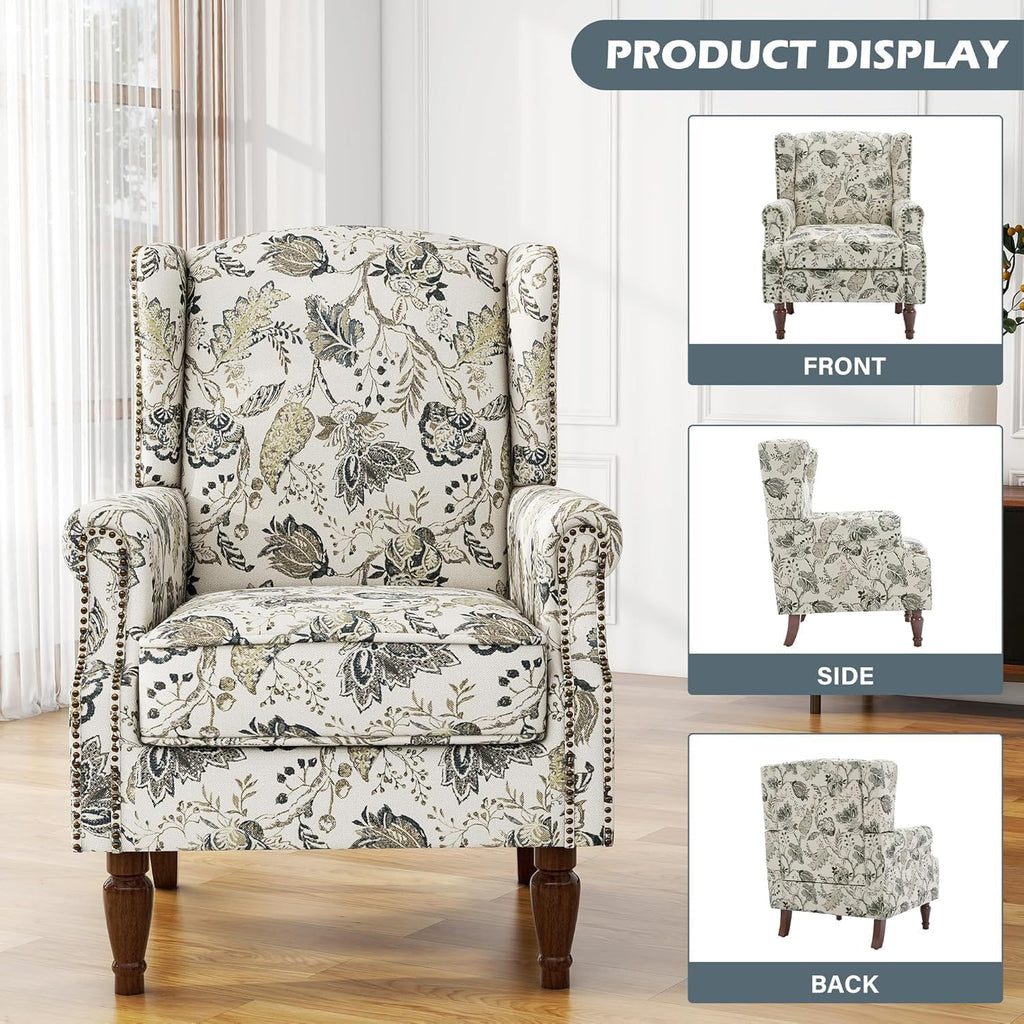 Floral High Back Accent Chairs Set of 2, Wingback Armchair in Fabric | Printed Upholstered Reading Seat with
