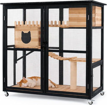 Catio Outdoor Cat Enclosure, 4-Level Wooden Cat Enclosure with Wheels
