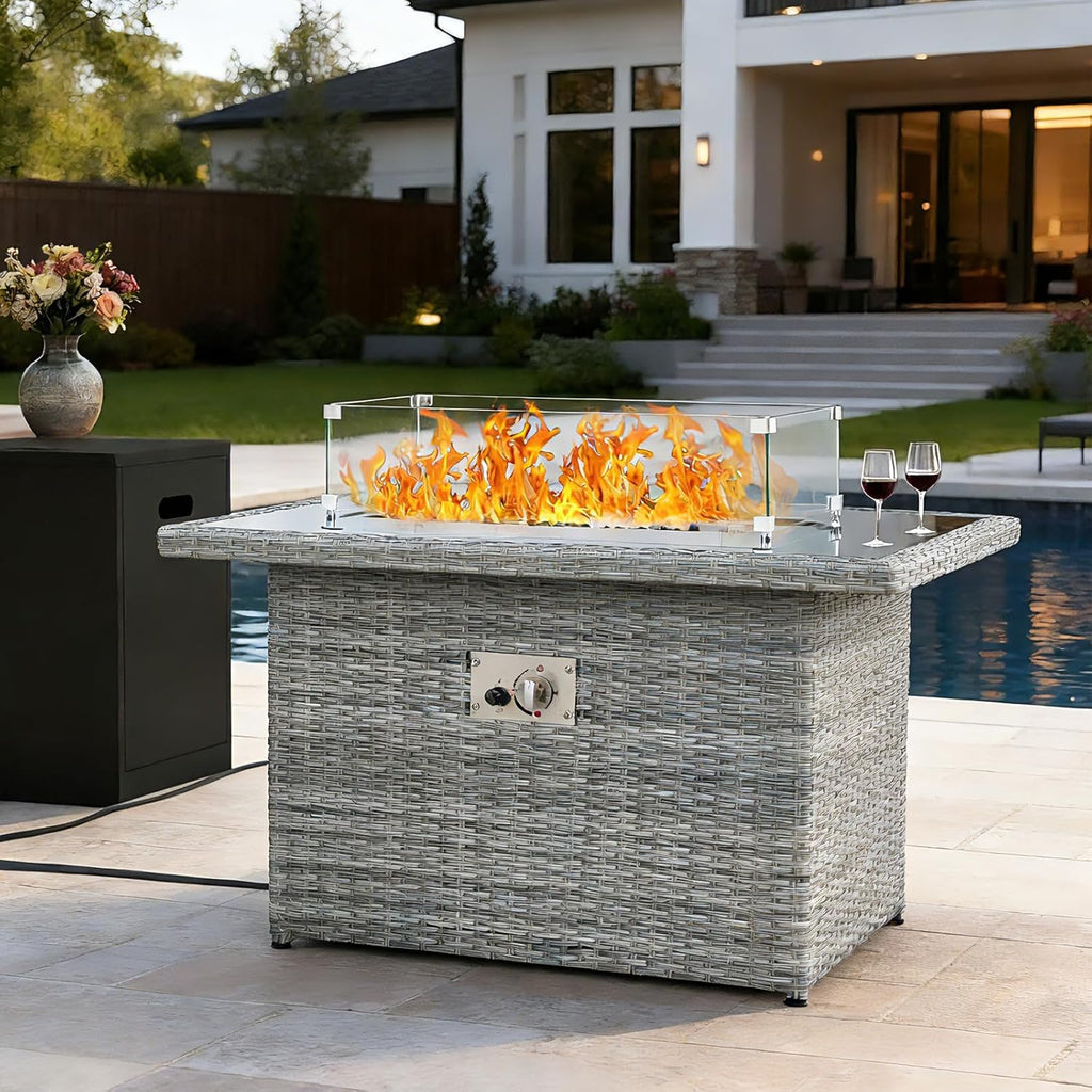 40" Propane Fire Pit Automatic Ignition, 55000 BTU Outdoor Fire Pit with Dust Cover, Rattan Rectangular Design Featuring Glass Windshield, Fire Pit