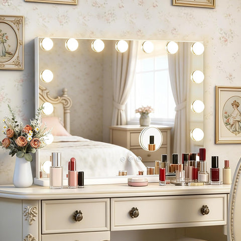 Hollywood Vanity Mirror with Lights, 23" x 18", 15 Dimmable Bulbs, 3 Color Lights, Make Up Lighted Mirror, USB