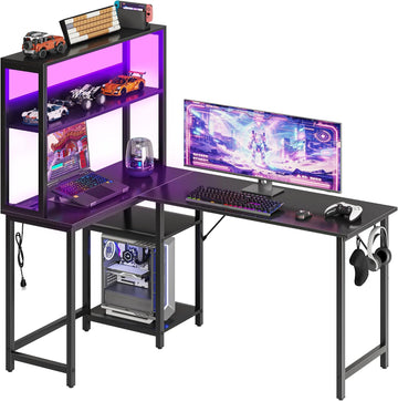 53" L Shaped Gaming Desk Reversible Corner Desk | Computer Desk with Power Outlet, Writing Table with LED Lights