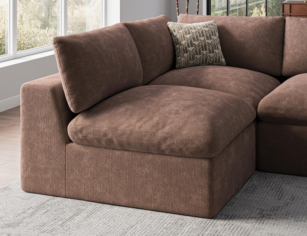 120" Cloud Sectional Couch | Oversize Boneless Couches | 4 Seater L-Shape Sofa | Brown