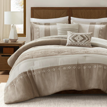 Queen Comforter Set - Sutherland 5-Piece Microsuede Embroidered Bedding Set with Decorative Pillows, Taupe