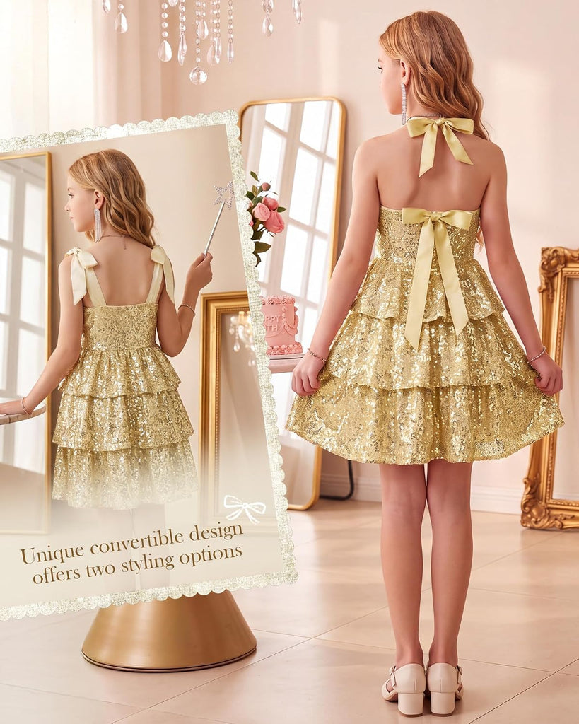 Sequin Dress Formal Kids Party Fancy Gown Bow Dresses