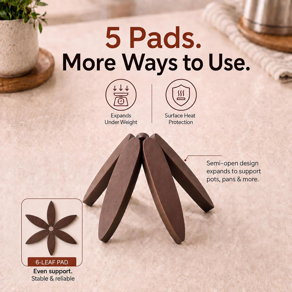 Wooden Trivets for Hot Dishes,5-Pads,Silicone Spoon Holder Included