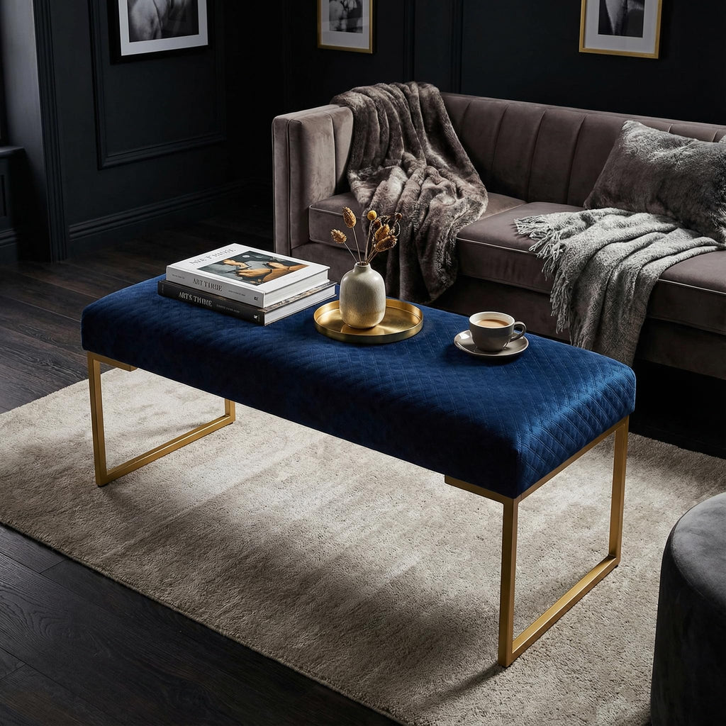 Claymore Large Ottoman Bench with Painted Gold Legs, Blue Velvet, 48"