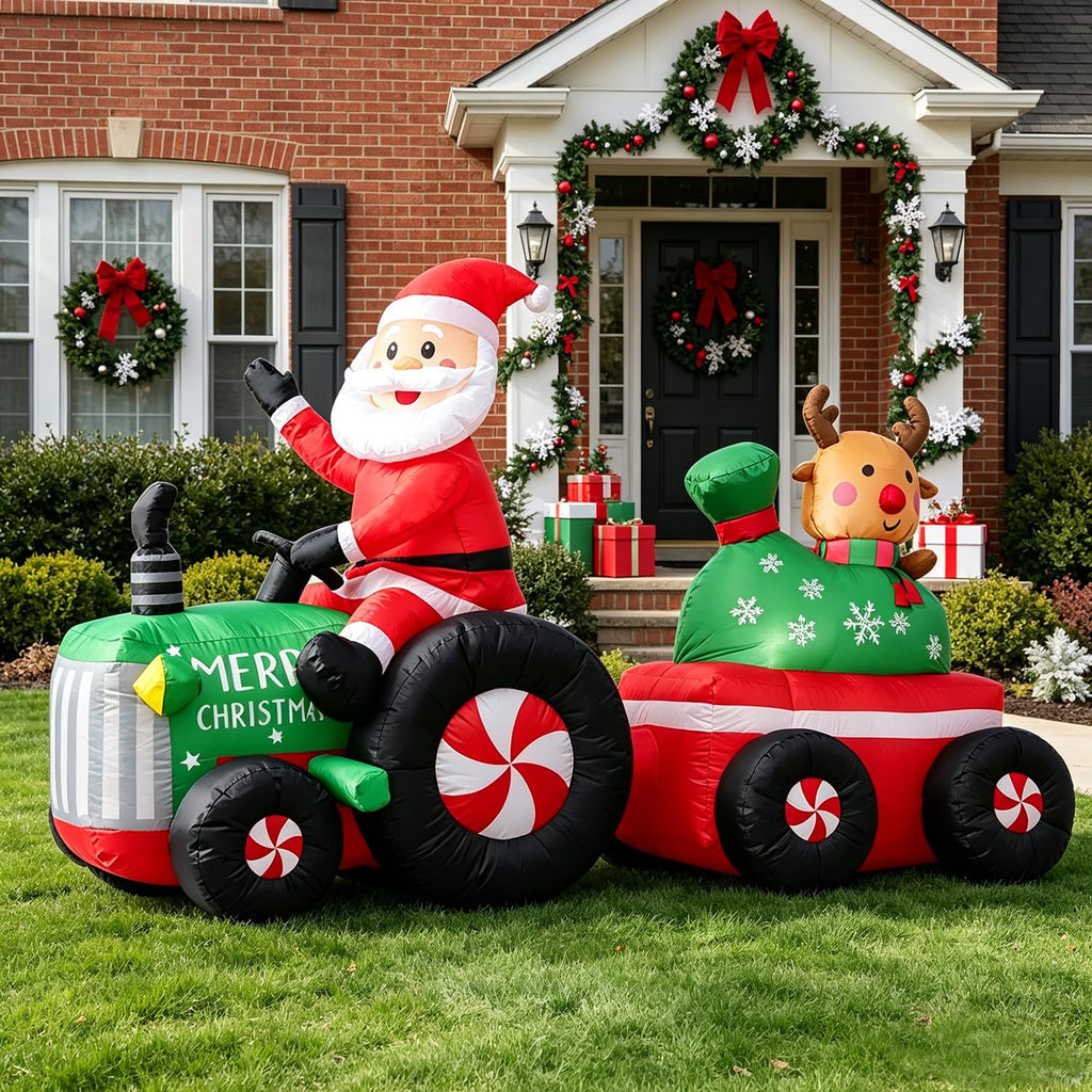 6FT Christmas Inflatables Tractor, Santa Claus Drive Tractor with Reindeer and Gift Bag Blow up Yard Decoration