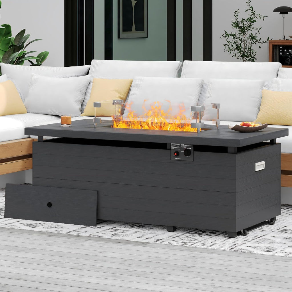 51 Inch Outdoor Fire Pit Table, 50,000BTU Rectangle Propane Fire Pit with Sliding Tank Holder, Glass Wind Guard, Removable Lid, CSA Certified, Gray