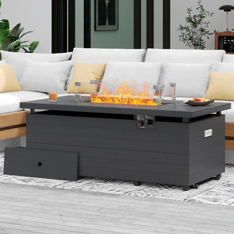 51 Inch Outdoor Fire Pit Table, 50,000BTU Rectangle Propane Fire Pit with Sliding Tank Holder, Glass Wind Guard, Removable Lid, CSA Certified, Gray