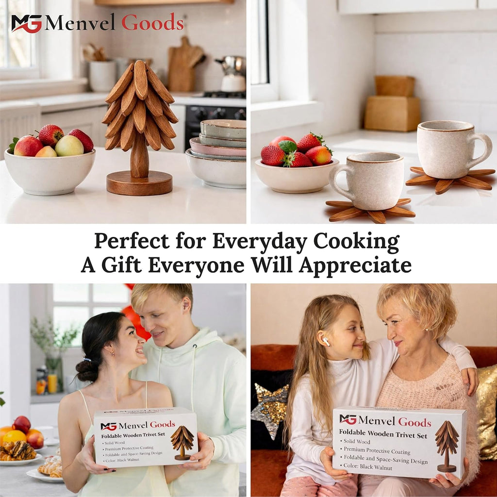 Foldable Black Walnut Wooden Trivet Set for Hot Dishes - 4 Trivets + 1 Stand for Hot Dishes, Tree Coasters, Pot - Set of 4