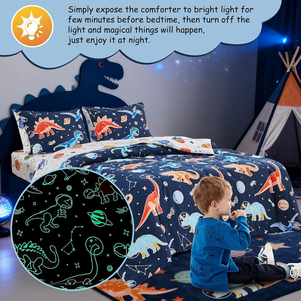 5pc Glow in The Dark Kids Comforter Set,Dinosaur Galaxy Printed, Space Bedding Set Twin for Boys Girls Teen