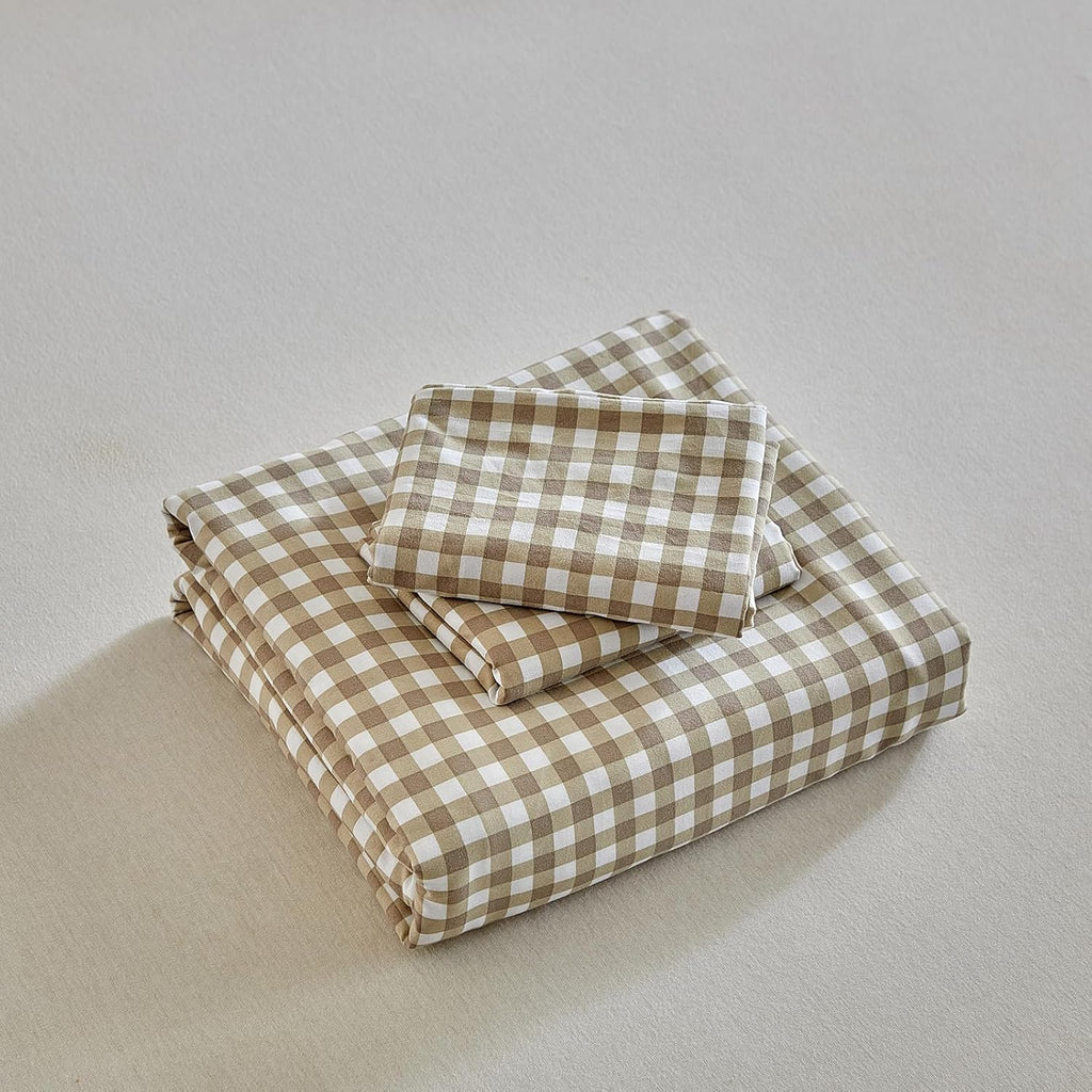 Grid King Duvet Cover Set - Tan Gingham Washed Microfiber Comforter Cover Set, 3 Pieces Plaid Checkered Soft