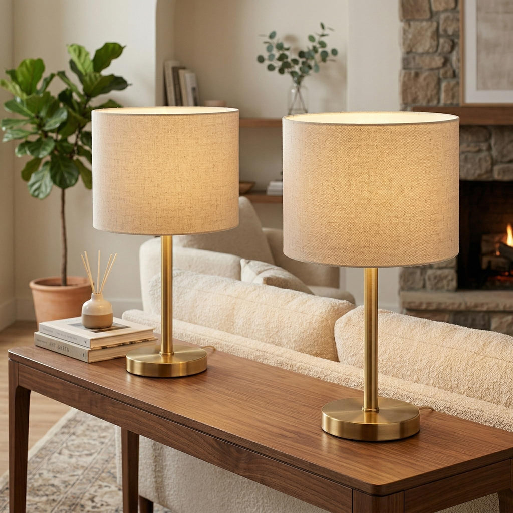 16.5" Gold Table Lamps Set of 2 with Linen Shades