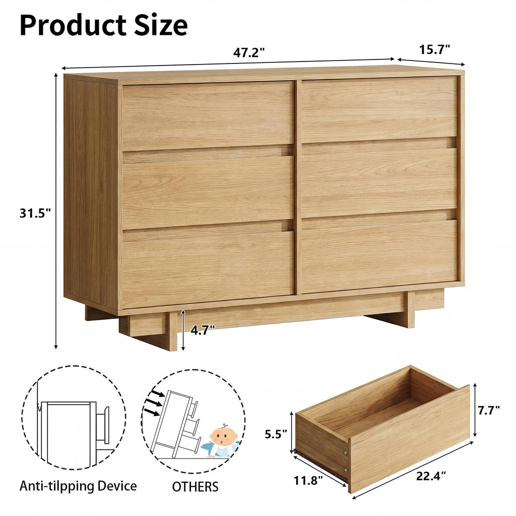 Oak Dresser, 47in Modern 6 Drawer Chest of Drawers