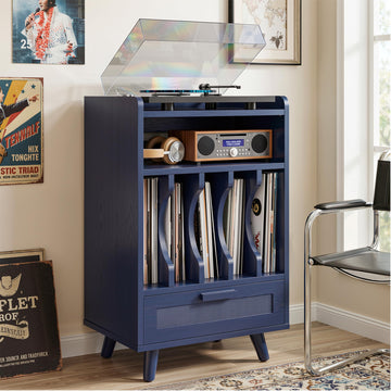 Record Player Stand with Power Outlets, Vinyl Storage Cabinet, Blue
