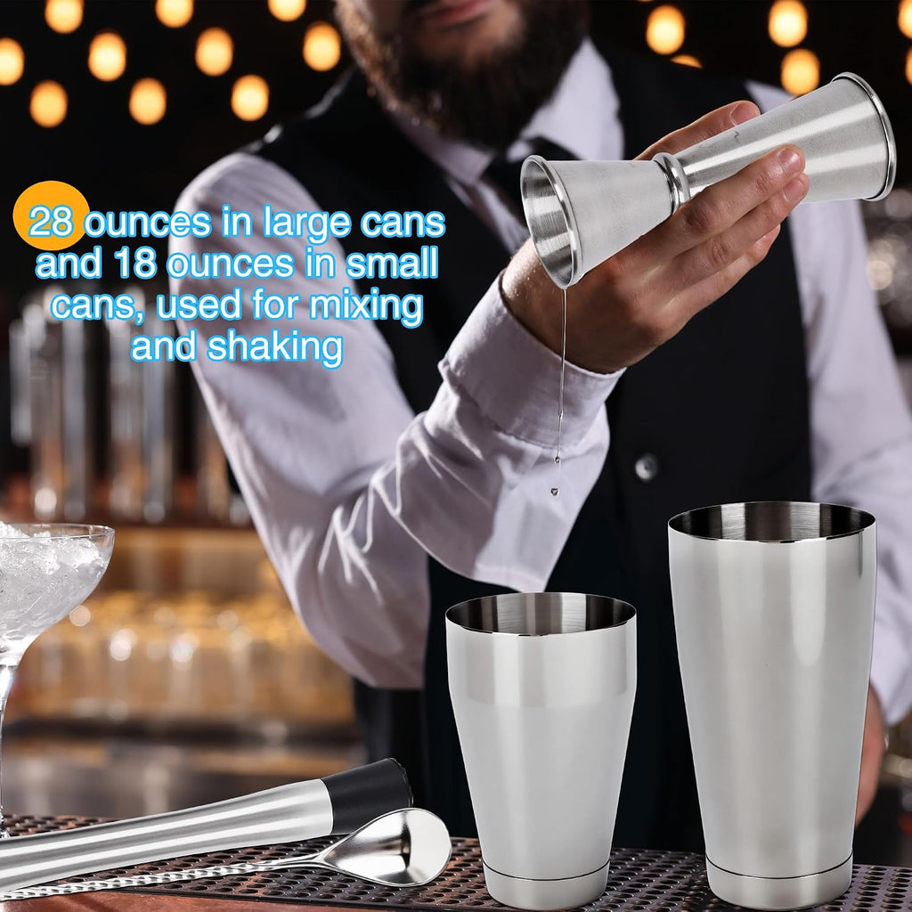 Shaker Set Stainless Steel Cocktail Drink 18 oz&28 oz Shaker Tin with Strainer Jigger Long Spoon Muddler - Set of 24