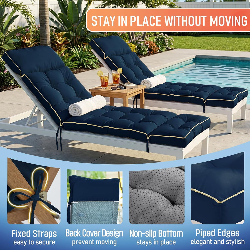Chaise Lounge Cushion Outdoor, Memory Foam Replacement Patio Pool Lounge Chair Cushion with Ties for Outdoor