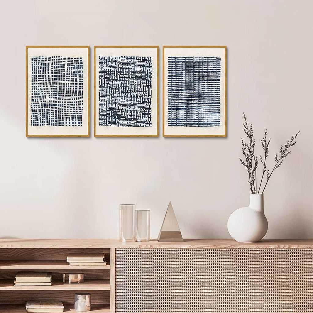 Modern Abstract Framed Navy Blue Canvas Wall Art Prints Set of 3 Boho Mid Century, Paintings Pictures Wall Decor