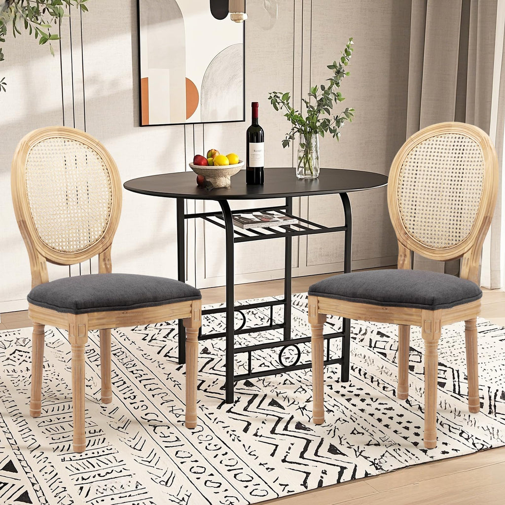 French Country Rattan Dining Chairs Set of 4, Round Back Kitchen Chair, Grey