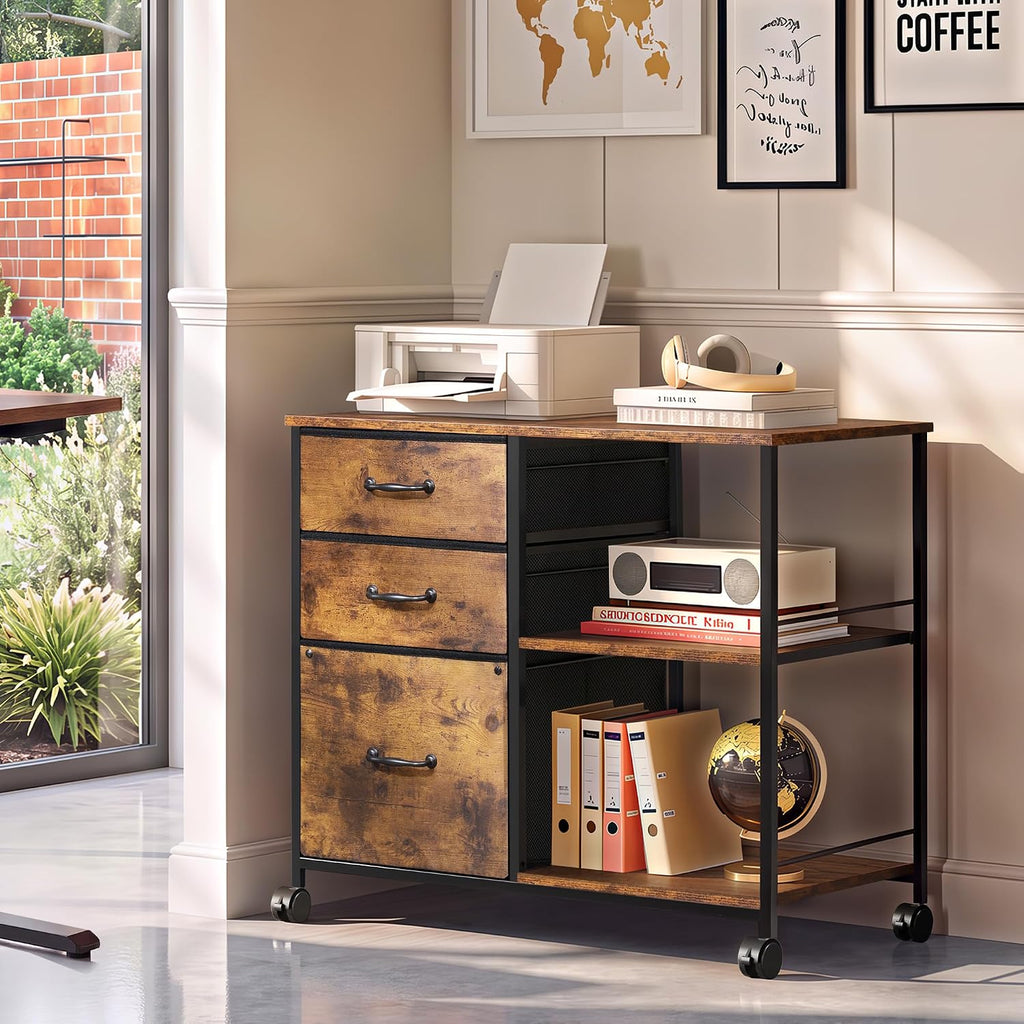 3 Drawer Mobile File Cabinet with Open Storage Shelf | Rolling Printer Stand, Fabric Lateral Filing Cabinet fits A4