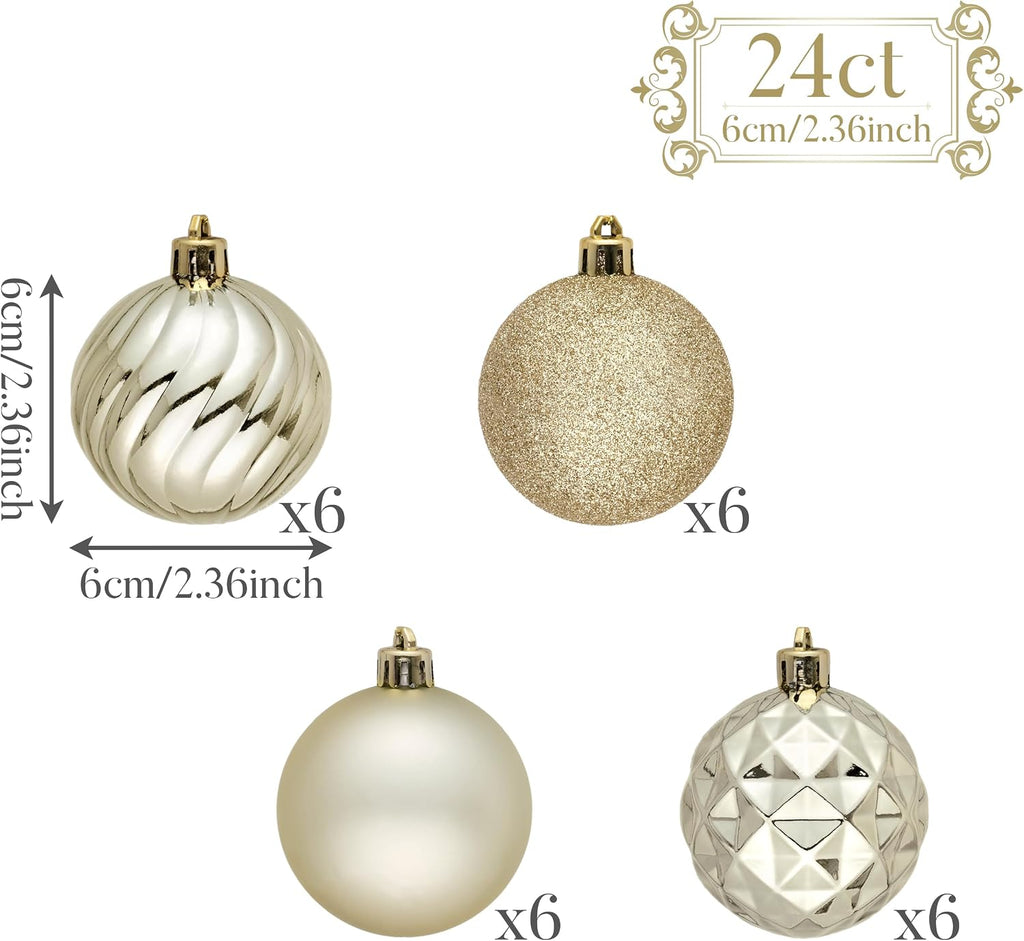 Christmas Tree Decorations Ornament Set Decor, 24ct 2.36 Inches Champagne Shatterproof Christmas Ball Ornaments
