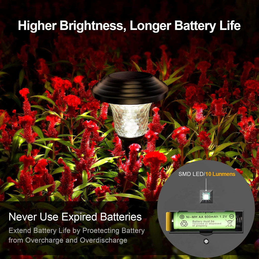 Glass Solar Lights Outdoor waterproof, 8 Pack Super Bright Solar Pathway Lights, Up to 12 Hrs Long Last Auto On/Off