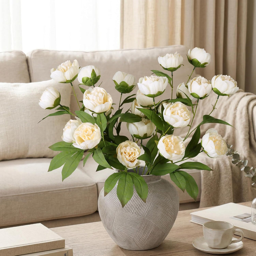 Peonies Artificial Flowers 27" Faux Flowers for Vase, Champagne - Set of 6